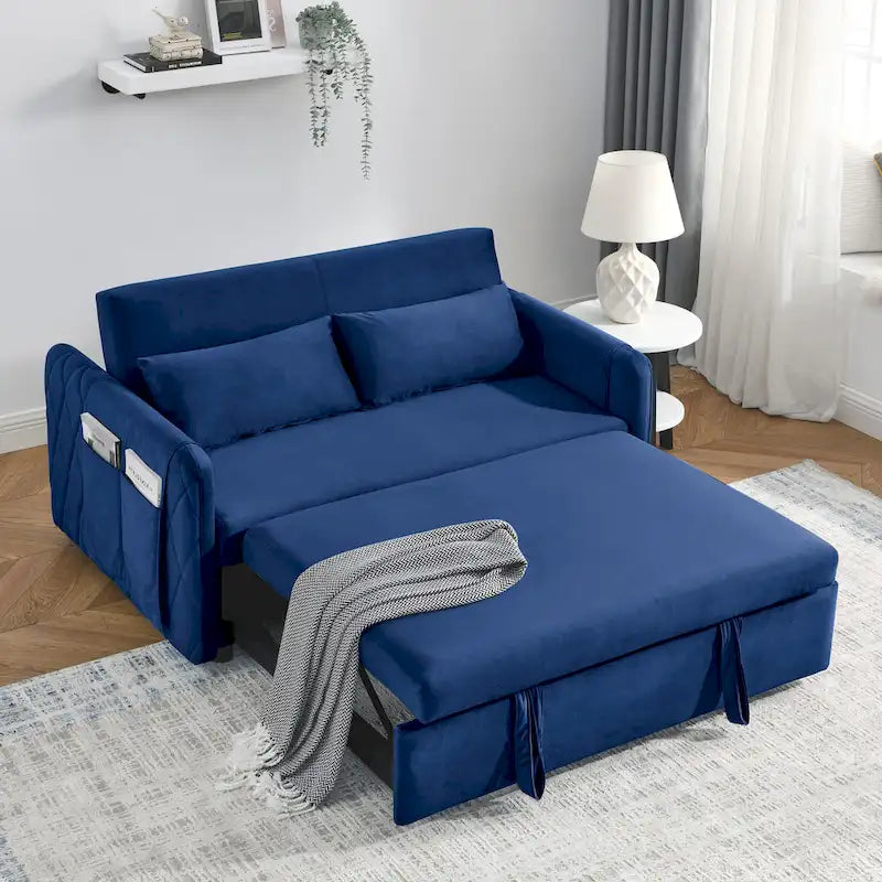 Canapé-lit convertible en velours gris/bleu/noir pour 2 personnes