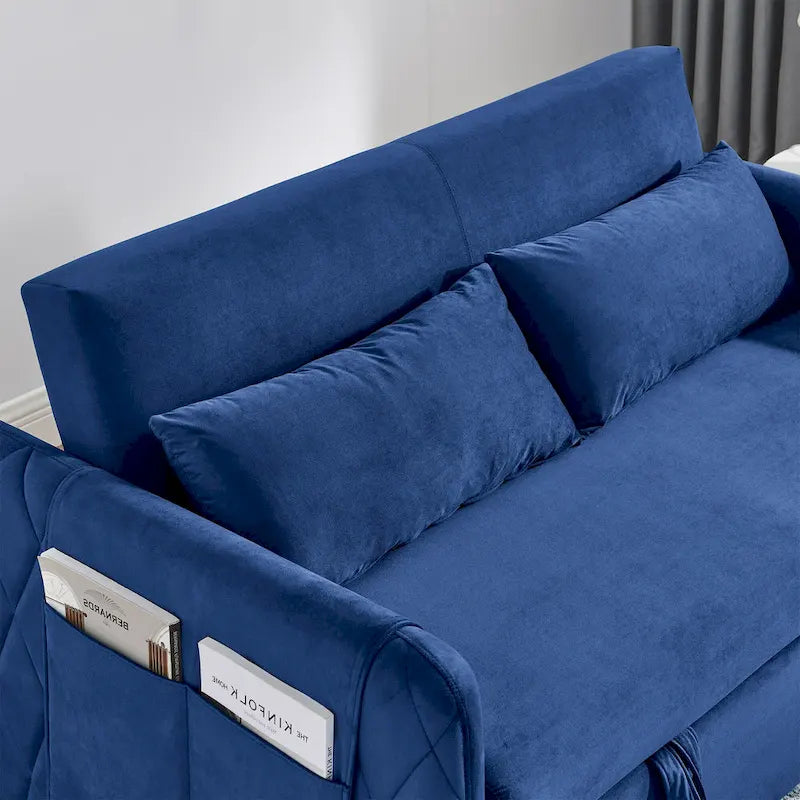 Canapé-lit convertible en velours gris/bleu/noir pour 2 personnes