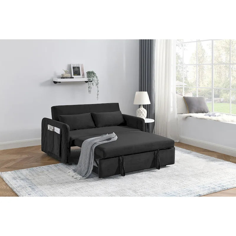 Canapé-lit convertible en velours gris/bleu/noir pour 2 personnes