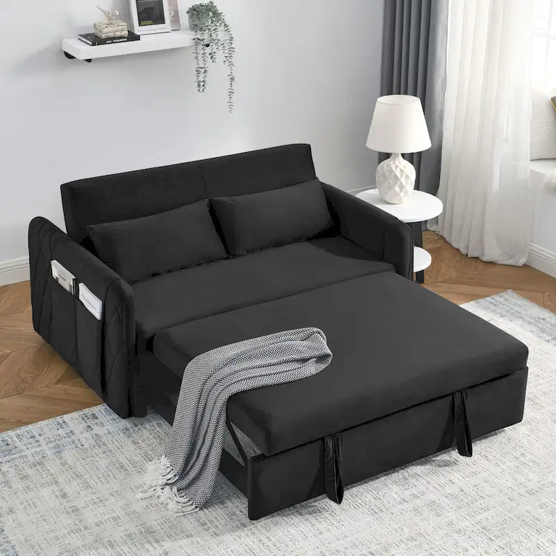 Canapé-lit convertible en velours gris/bleu/noir pour 2 personnes