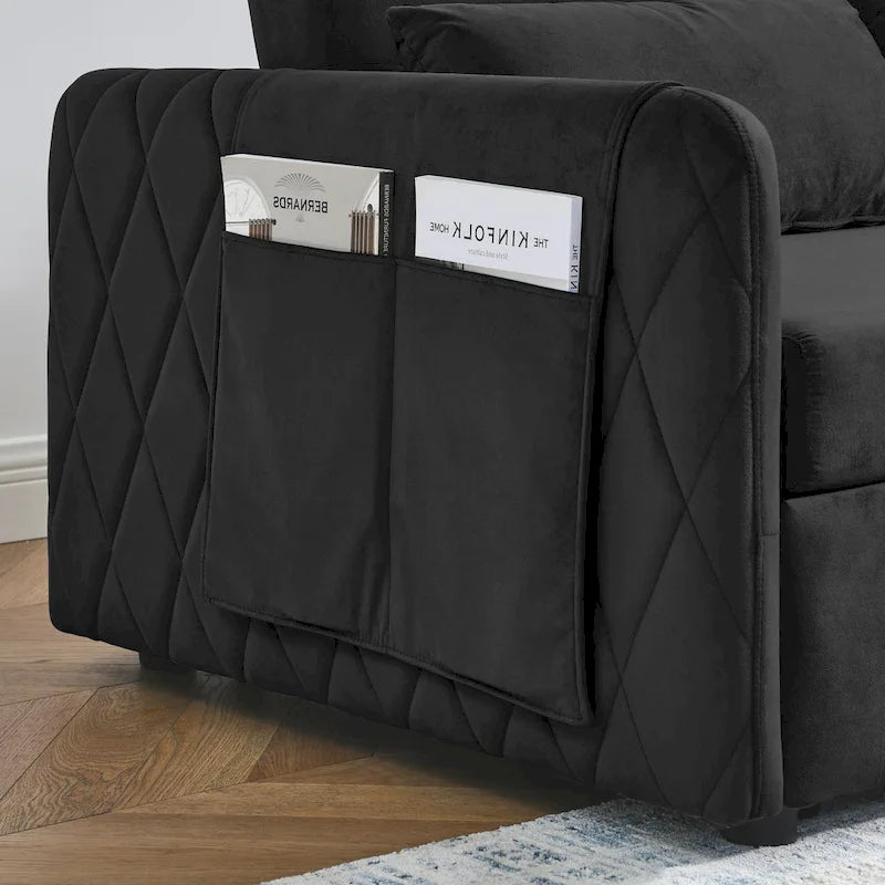 Canapé-lit convertible en velours gris/bleu/noir pour 2 personnes
