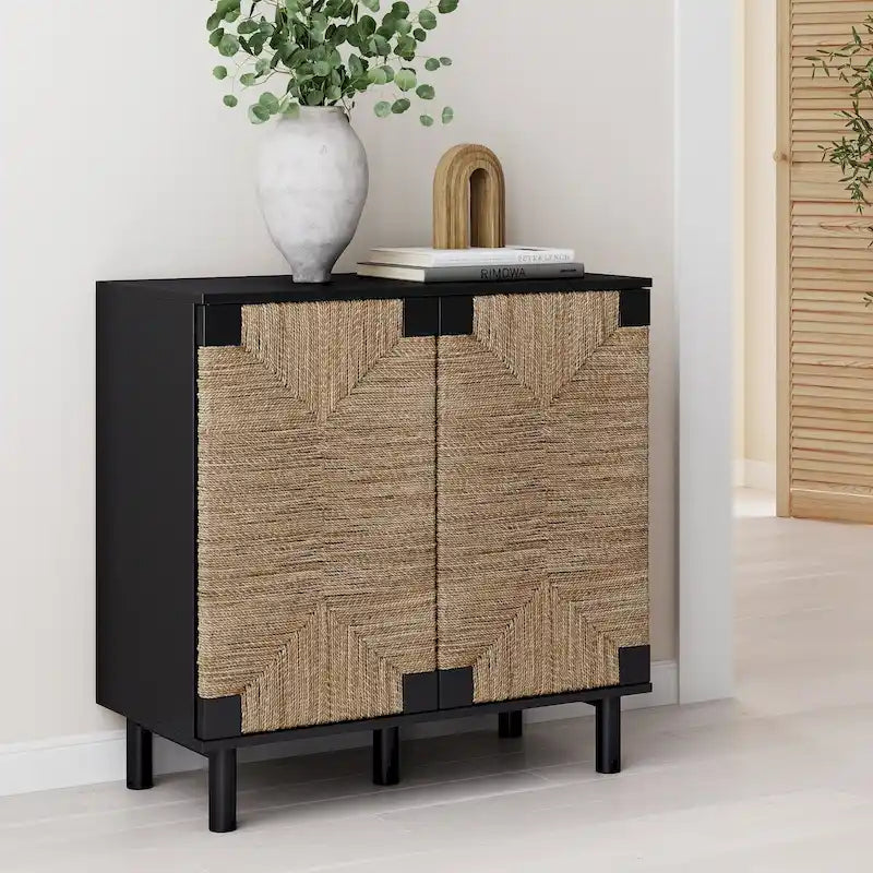 Armoire d'appoint en bois avec porte en jonc de mer noir/marron/blanc et étagère réglable, 1 à 4 pièces