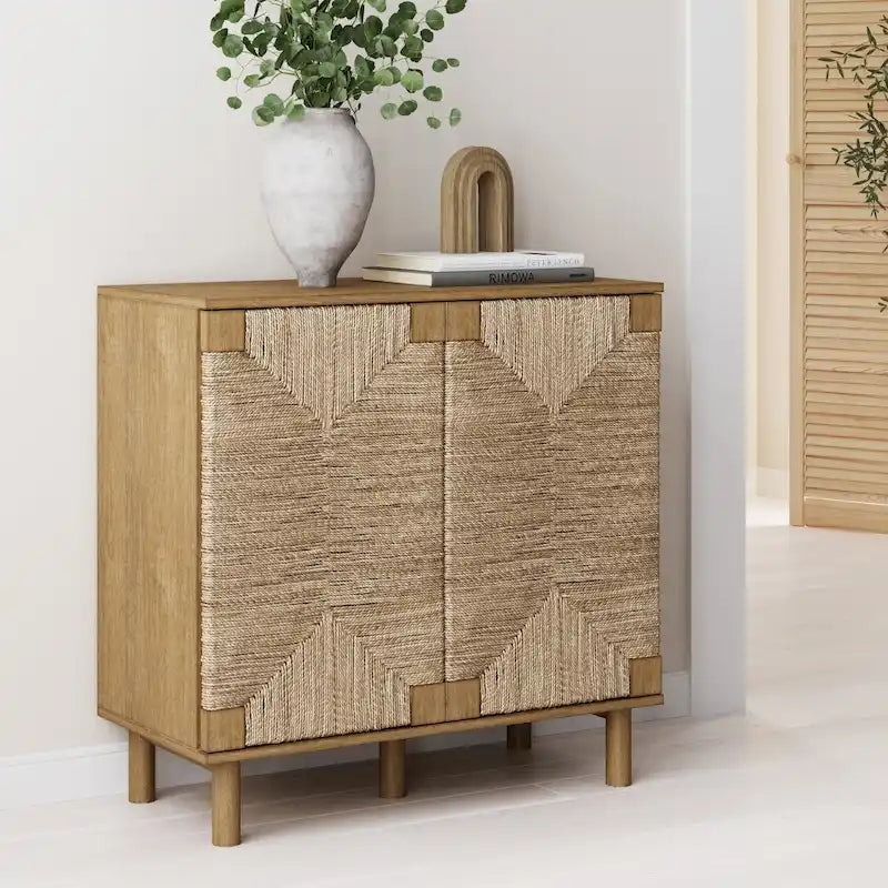 Armoire d'appoint en bois avec porte en jonc de mer noir/marron/blanc et étagère réglable, 1 à 4 pièces