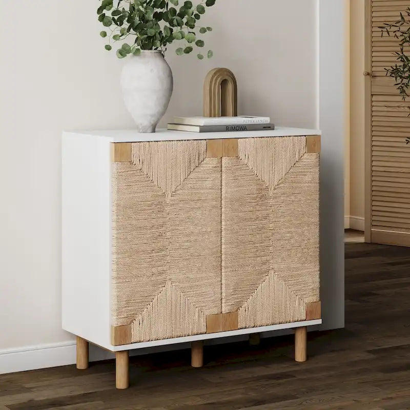 Armoire d'appoint en bois avec porte en jonc de mer noir/marron/blanc et étagère réglable, 1 à 4 pièces