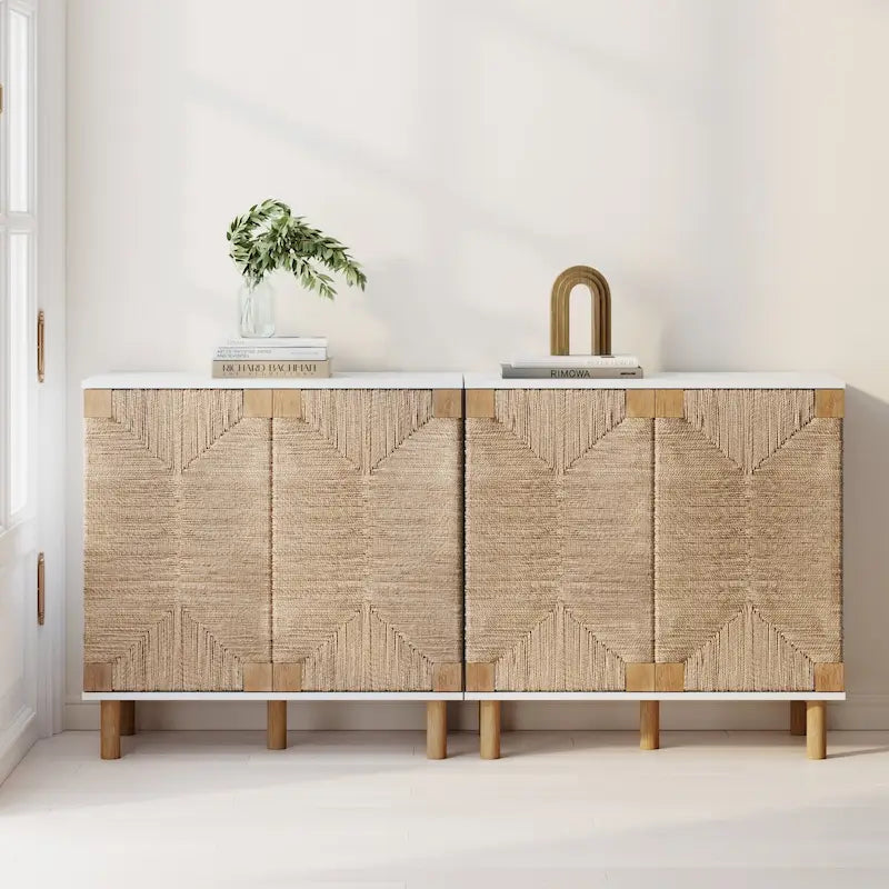 Armoire d'appoint en bois avec porte en jonc de mer noir/marron/blanc et étagère réglable, 1 à 4 pièces