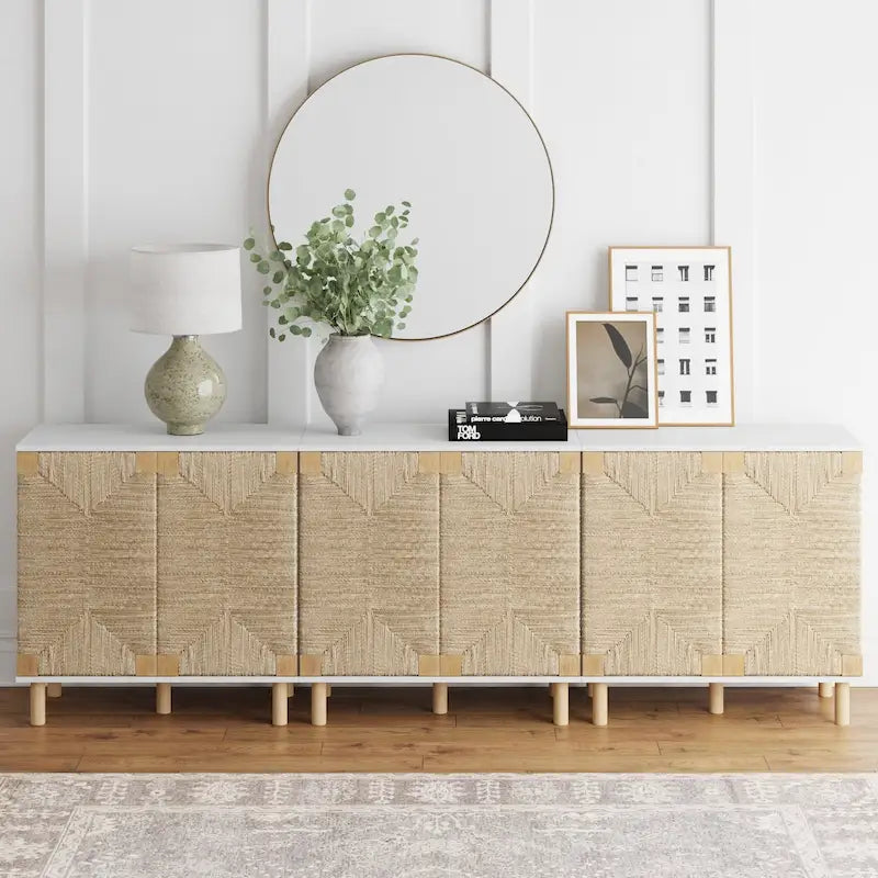 Armoire d'appoint en bois avec porte en jonc de mer noir/marron/blanc et étagère réglable, 1 à 4 pièces