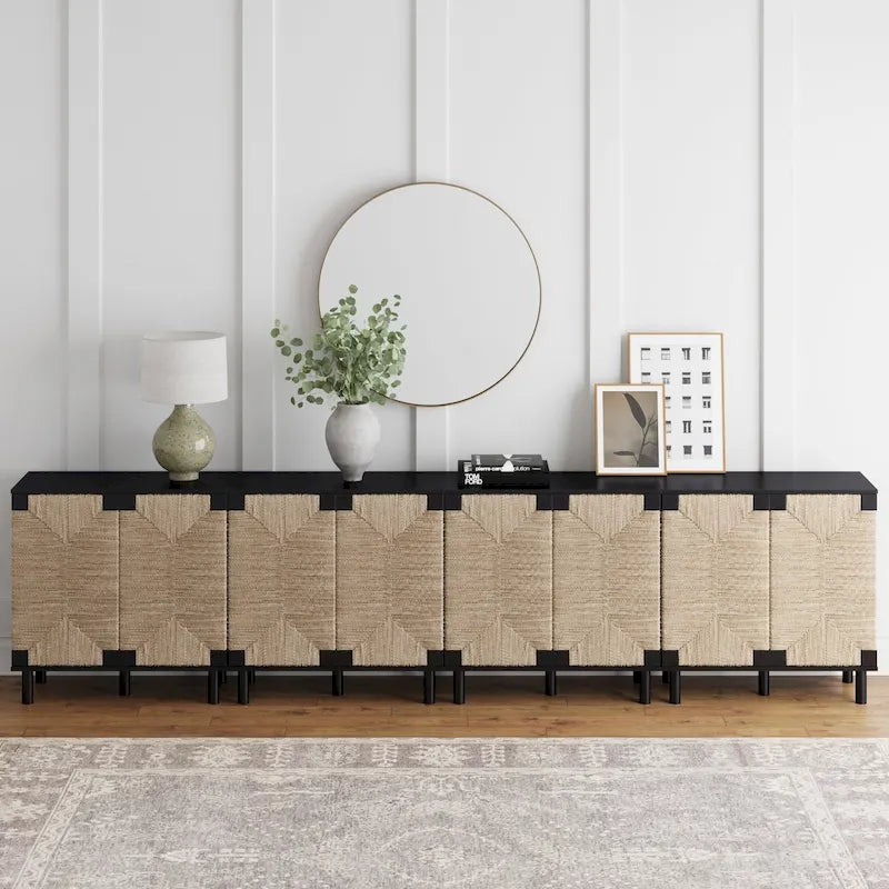 Armoire d'appoint en bois avec porte en jonc de mer noir/marron/blanc et étagère réglable, 1 à 4 pièces