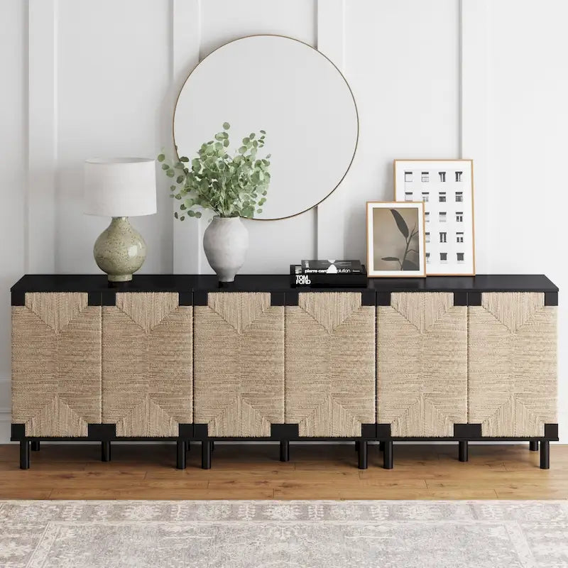 Armoire d'appoint en bois avec porte en jonc de mer noir/marron/blanc et étagère réglable, 1 à 4 pièces