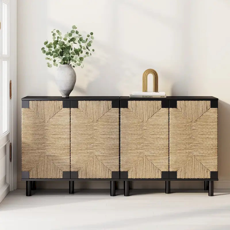 Armoire d'appoint en bois avec porte en jonc de mer noir/marron/blanc et étagère réglable, 1 à 4 pièces