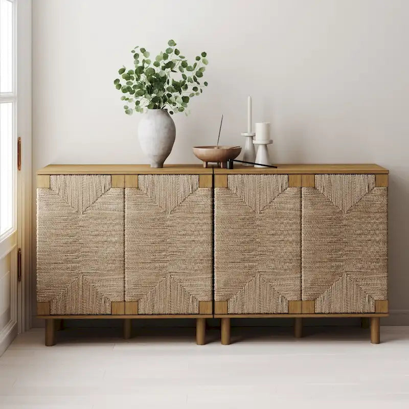 Armoire d'appoint en bois avec porte en jonc de mer noir/marron/blanc et étagère réglable, 1 à 4 pièces
