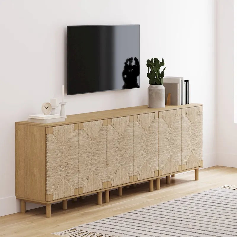 Armoire d'appoint en bois avec porte en jonc de mer noir/marron/blanc et étagère réglable, 1 à 4 pièces