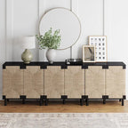 Armoire d'appoint en bois avec porte en jonc de mer noir/marron/blanc et étagère réglable, 1 à 4 pièces
