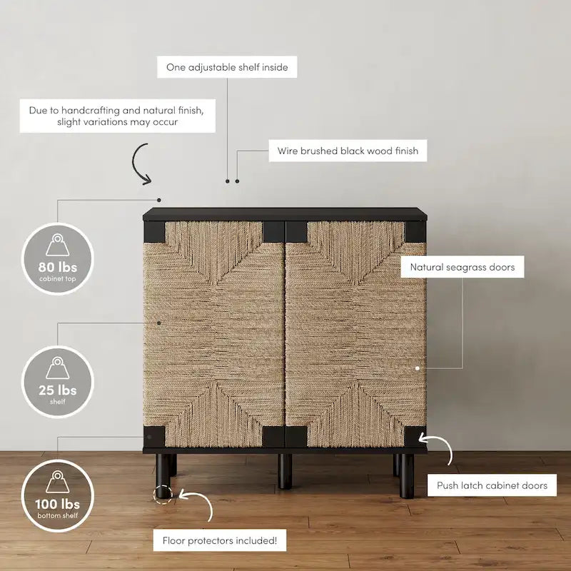 Armoire d'appoint en bois avec porte en jonc de mer noir/marron/blanc et étagère réglable, 1 à 4 pièces