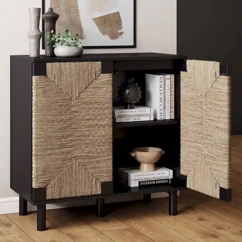 Armoire d'appoint en bois avec porte en jonc de mer noir/marron/blanc et étagère réglable, 1 à 4 pièces