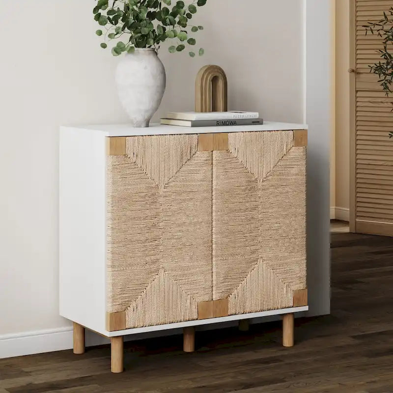 Armoire d'appoint en bois avec porte en jonc de mer noir/marron/blanc et étagère réglable, 1 à 4 pièces