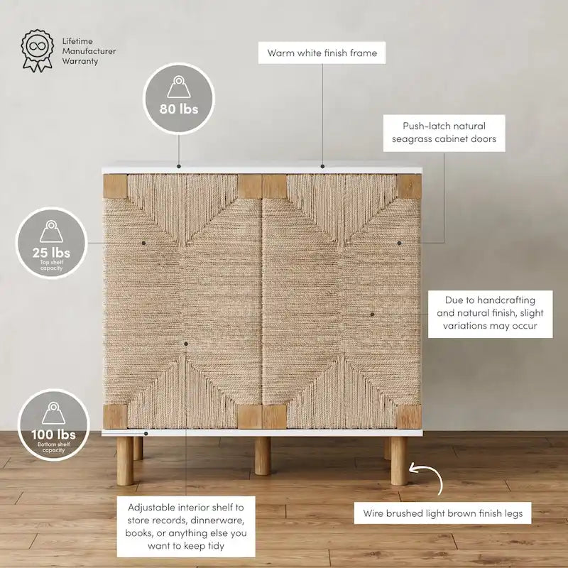 Armoire d'appoint en bois avec porte en jonc de mer noir/marron/blanc et étagère réglable, 1 à 4 pièces