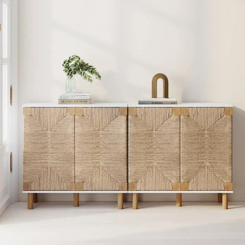 Armoire d'appoint en bois avec porte en jonc de mer noir/marron/blanc et étagère réglable, 1 à 4 pièces