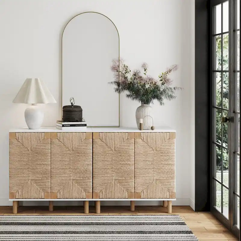 Armoire d'appoint en bois avec porte en jonc de mer noir/marron/blanc et étagère réglable, 1 à 4 pièces