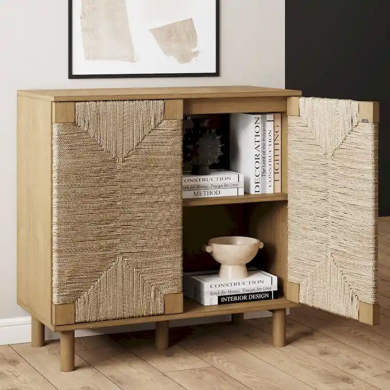 Armoire d'appoint en bois avec porte en jonc de mer noir/marron/blanc et étagère réglable, 1 à 4 pièces
