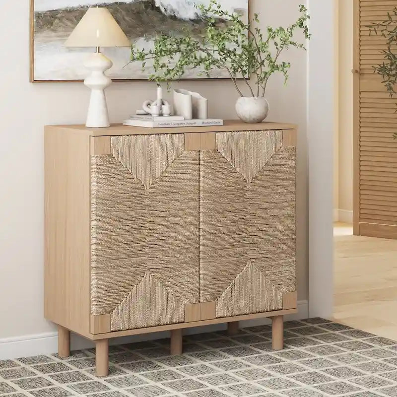 Armoire d'appoint en bois avec porte en jonc de mer noir/marron/blanc et étagère réglable, 1 à 4 pièces