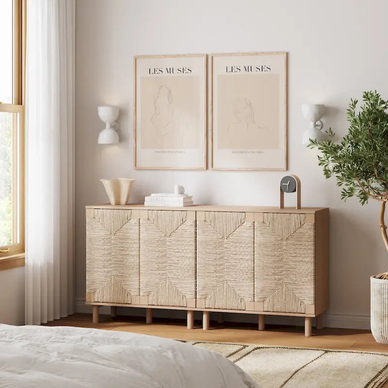 Armoire d'appoint en bois avec porte en jonc de mer noir/marron/blanc et étagère réglable, 1 à 4 pièces