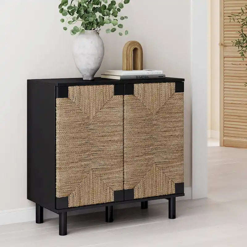 Armoire d'appoint en bois avec porte en jonc de mer noir/marron/blanc et étagère réglable, 1 à 4 pièces