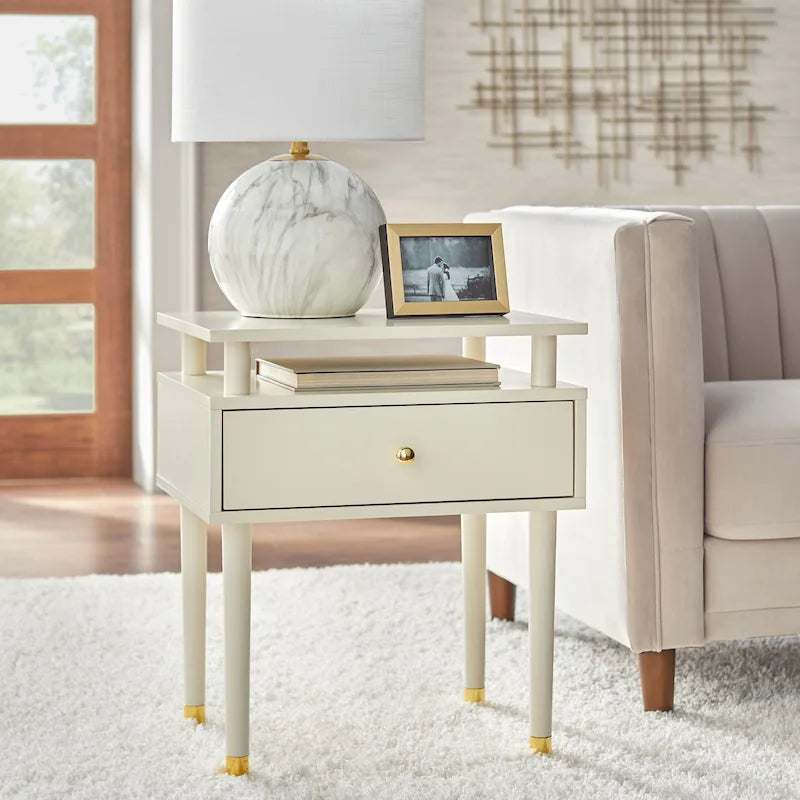 Table d'appoint à un tiroir de style Mid-Century, blanc antique/noyer/rose poudré pour 1 personne