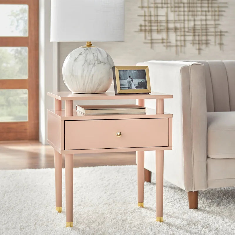 Table d'appoint à un tiroir de style Mid-Century, blanc antique/noyer/rose poudré pour 1 personne