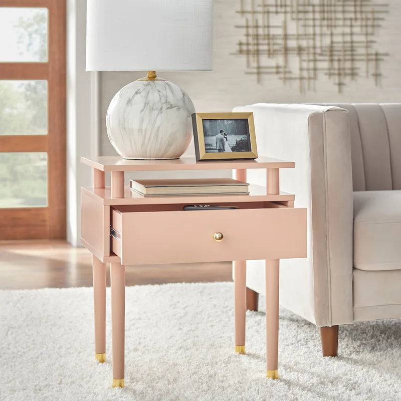 Table d'appoint à un tiroir de style Mid-Century, blanc antique/noyer/rose poudré pour 1 personne