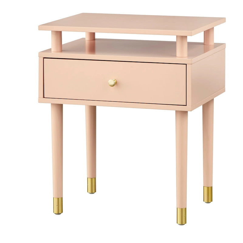 Table d'appoint à un tiroir de style Mid-Century, blanc antique/noyer/rose poudré pour 1 personne