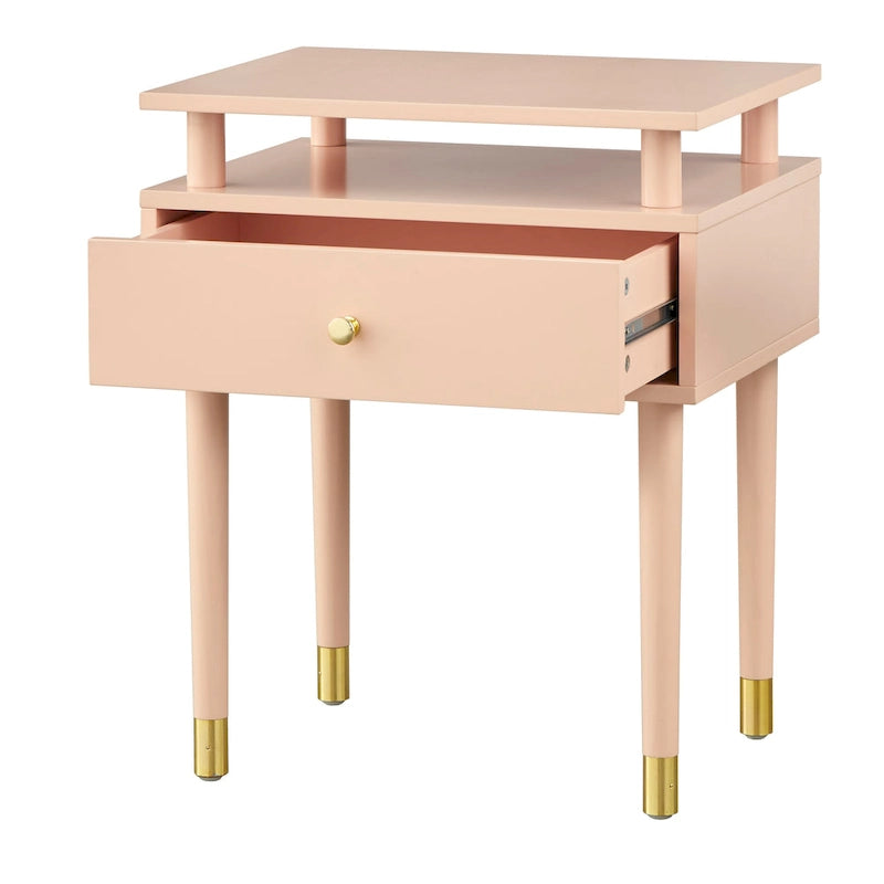 Table d'appoint à un tiroir de style Mid-Century, blanc antique/noyer/rose poudré pour 1 personne