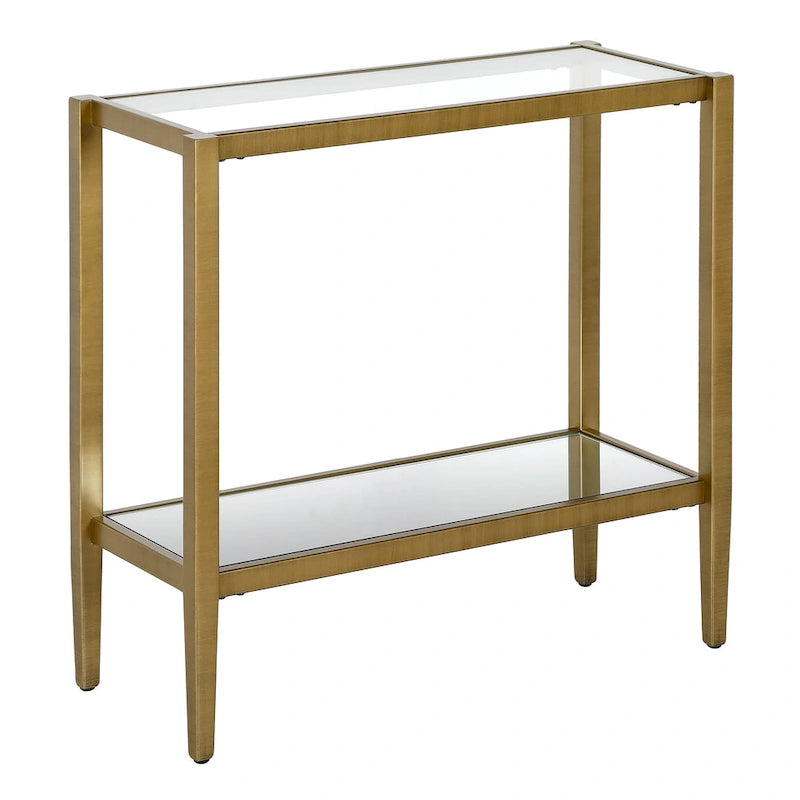 Table d'appoint rectangulaire en bronze noirci/laiton antique avec étagère en verre, assemblage par 1 personne