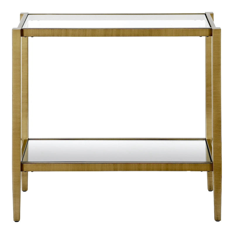 Table d'appoint rectangulaire en bronze noirci/laiton antique avec étagère en verre, assemblage par 1 personne