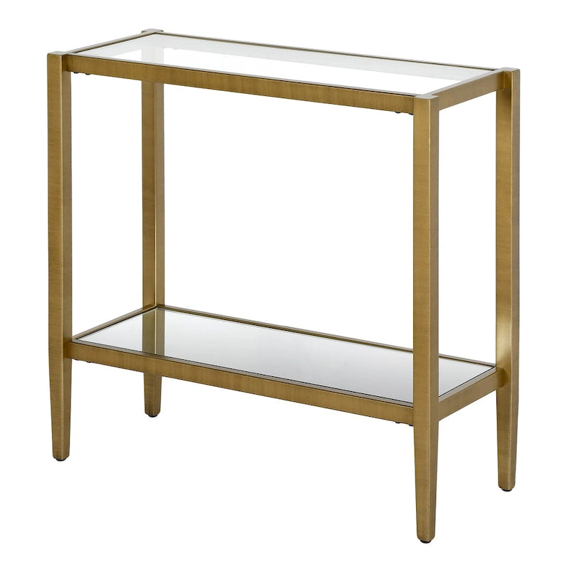 Table d'appoint rectangulaire en bronze noirci/laiton antique avec étagère en verre, assemblage par 1 personne