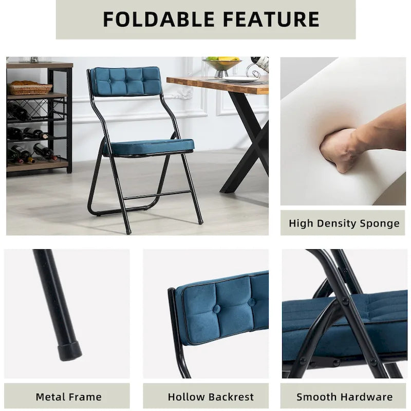 Chaise de salle à manger pliante en velours capitonné Kaki / Gris / Vert / Bleu, lot de 4