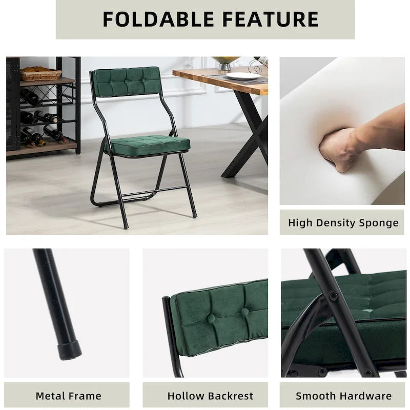 Chaise de salle à manger pliante en velours capitonné Kaki / Gris / Vert / Bleu, lot de 4