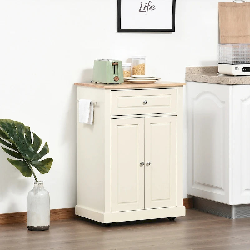 Dessertes de cuisine roulantes blanc/gris/noir avec tiroir, armoire et 2 porte-serviettes, assemblage par 1 personne