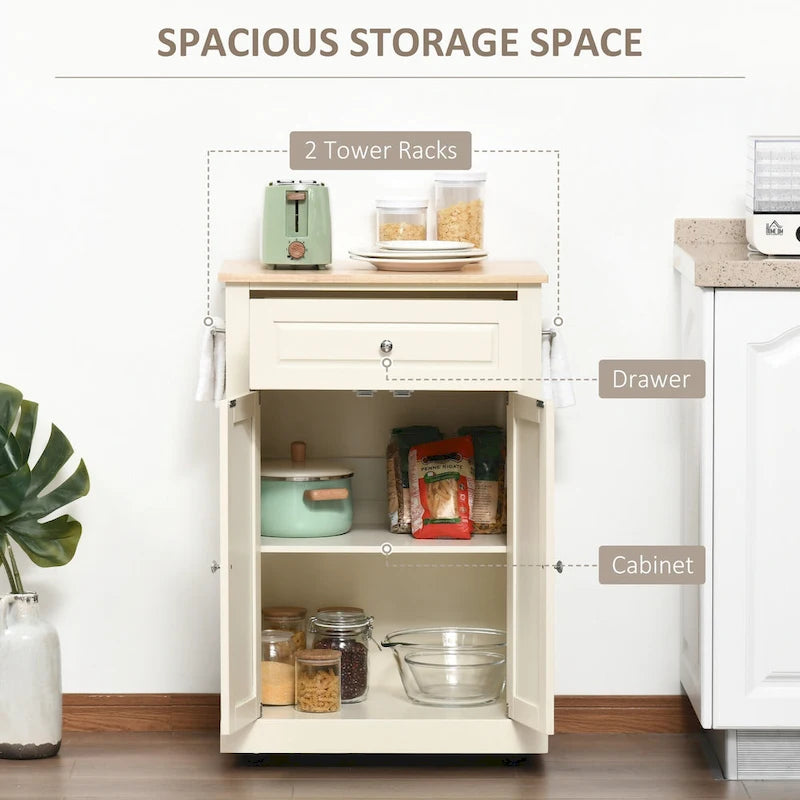 Dessertes de cuisine roulantes blanc/gris/noir avec tiroir, armoire et 2 porte-serviettes, assemblage par 1 personne