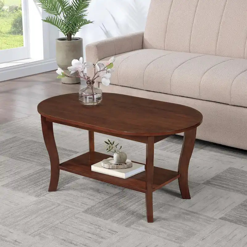Table basse ovale avec étagère, 2 niveaux, pour 2 personnes - Espresso / Blanc / Noir