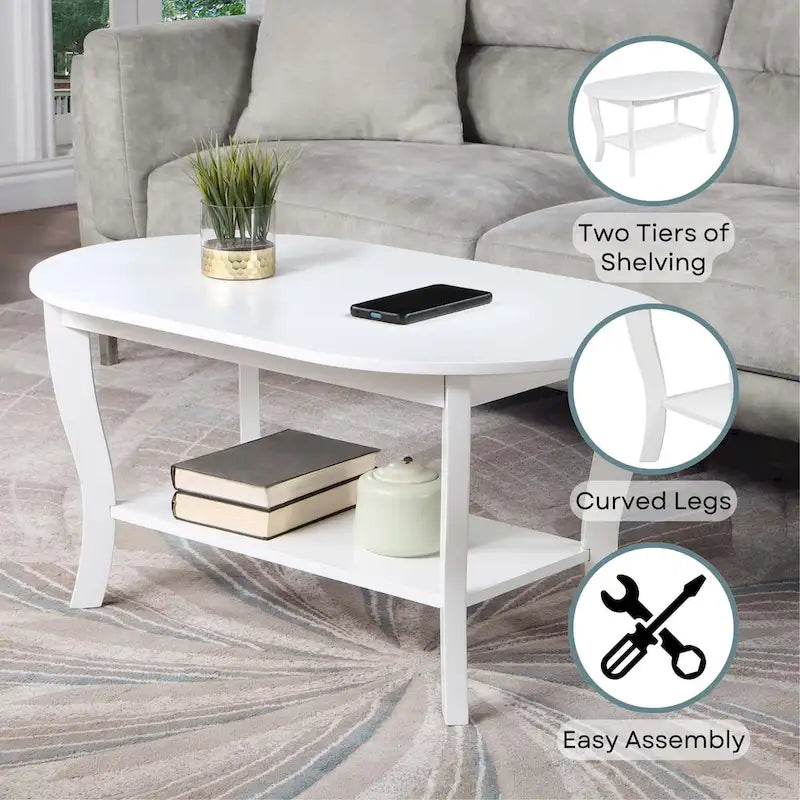 Table basse ovale avec étagère, 2 niveaux, pour 2 personnes - Espresso / Blanc / Noir