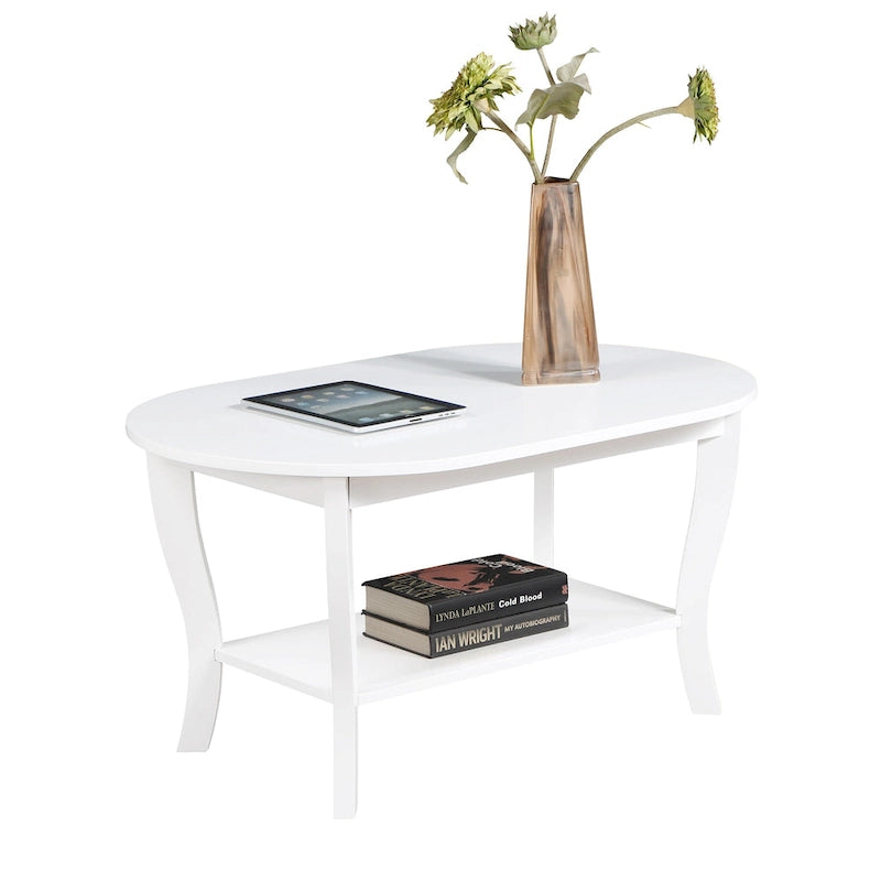 Table basse ovale avec étagère, 2 niveaux, pour 2 personnes - Espresso / Blanc / Noir