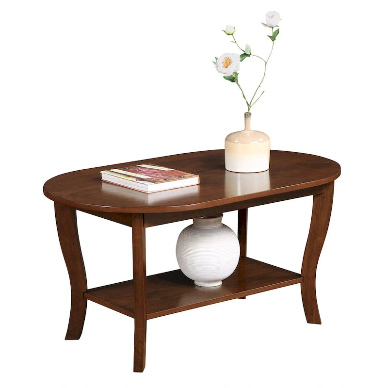 Table basse ovale avec étagère, 2 niveaux, pour 2 personnes - Espresso / Blanc / Noir