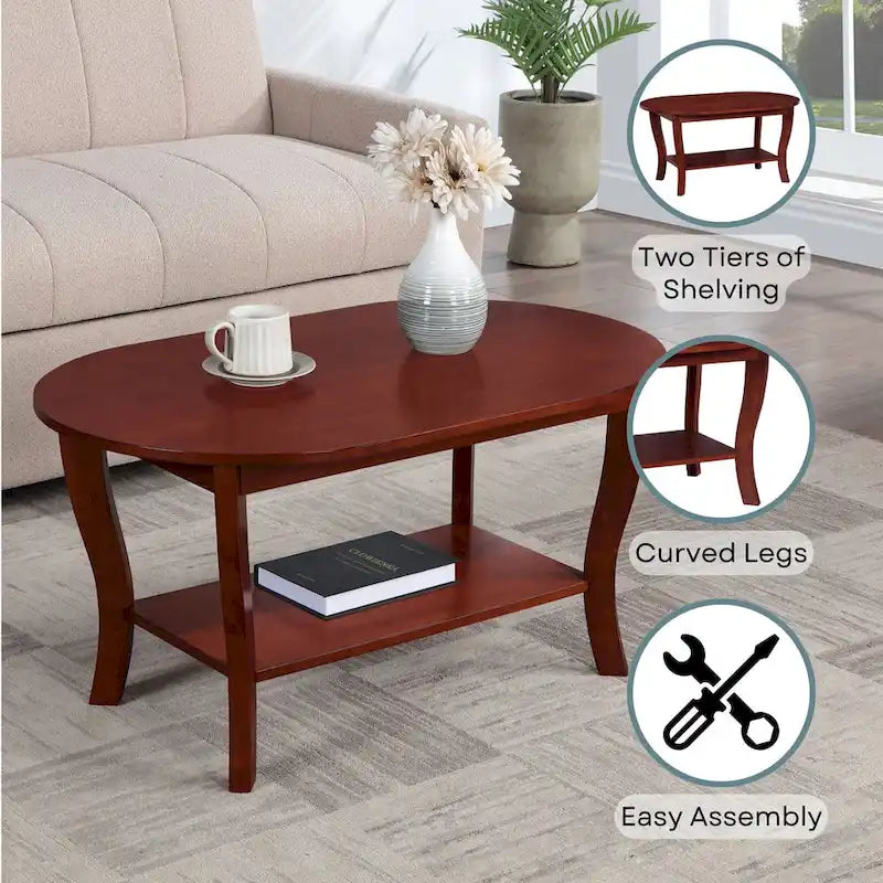 Table basse ovale avec étagère, 2 niveaux, pour 2 personnes - Espresso / Blanc / Noir