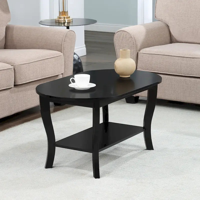 Table basse ovale avec étagère, 2 niveaux, pour 2 personnes - Espresso / Blanc / Noir