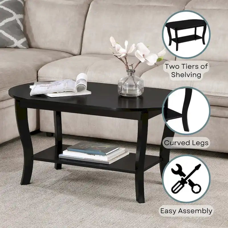 Table basse ovale avec étagère, 2 niveaux, pour 2 personnes - Espresso / Blanc / Noir