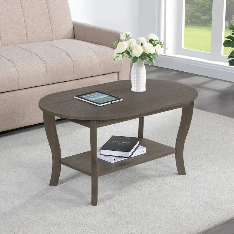 Table basse ovale avec étagère, 2 niveaux, pour 2 personnes - Espresso / Blanc / Noir