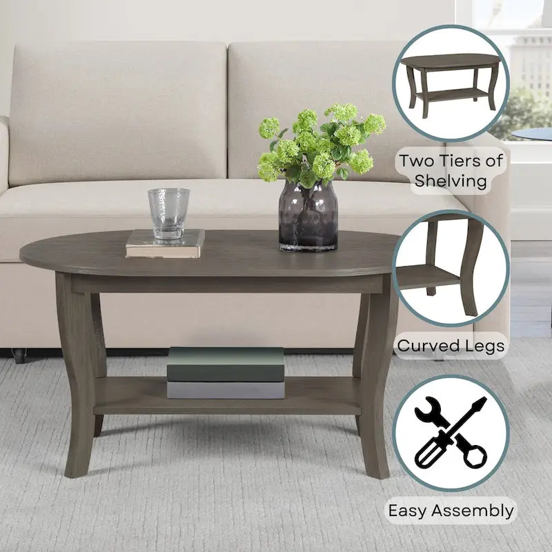 Table basse ovale avec étagère, 2 niveaux, pour 2 personnes - Espresso / Blanc / Noir