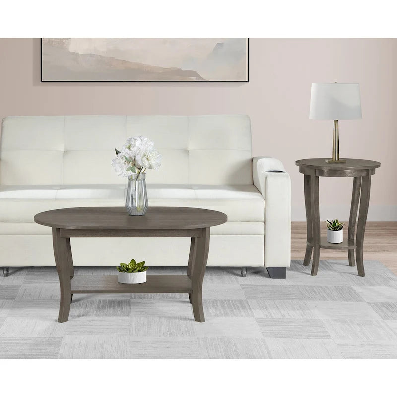 Table basse ovale avec étagère, 2 niveaux, pour 2 personnes - Espresso / Blanc / Noir
