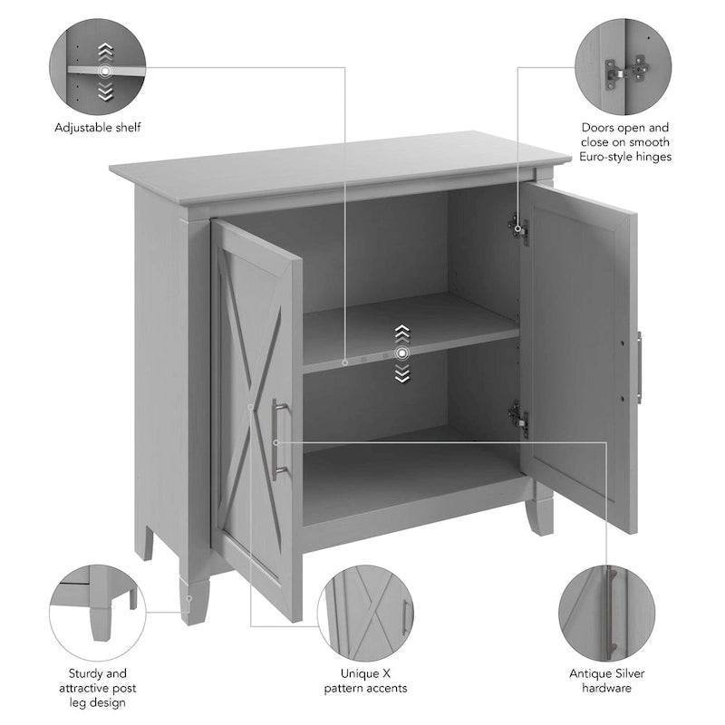 Meuble de rangement 2 portes style ferme Cape Cod Gris / Gris lavé / Chêne blanc pur avec accents en X, à usage unique