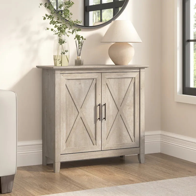 Meuble de rangement 2 portes style ferme Cape Cod Gris / Gris lavé / Chêne blanc pur avec accents en X, à usage unique